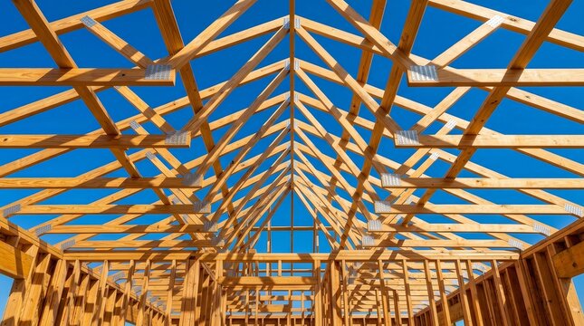 Wooden roof trusses and framing for a new house under construction.