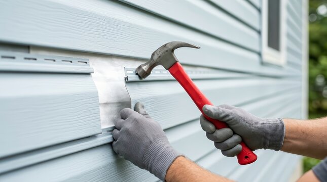 A worker uses a hammer to replace damaged plastic siding during an exterior house renovation.