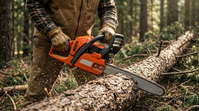 An experienced lumberjack using a chainsaw to cut a fallen tree in a forest.