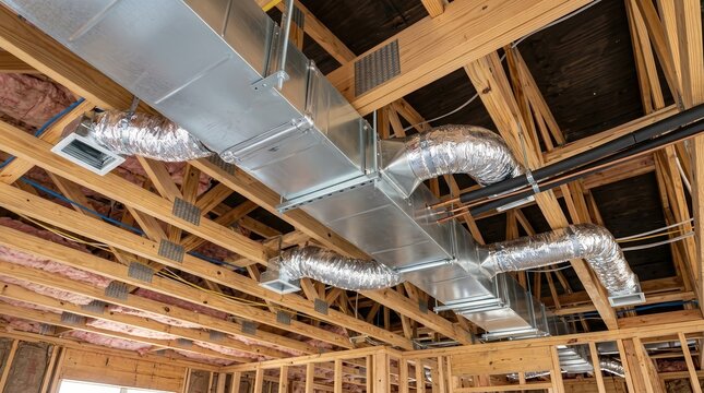 New home HVAC vents and air conditioning system installed in attic.