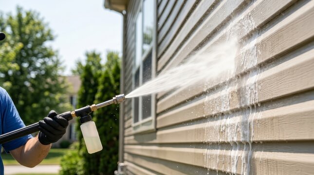A service worker uses a high pressure nozzle to clean house siding with water and soap cleaner.