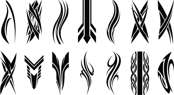 Twelve black and white vertical decals for automotive styling, featuring tribal patterns, sharp arrows, and intricate woven line
