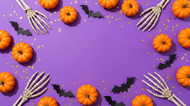 Flat lay composition of halloween decorations featuring orange pumpkins skeleton hands and black bats on a vibrant purple background with confetti
