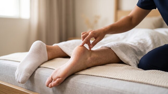 Physical therapist examining patients heel during a home recovery session