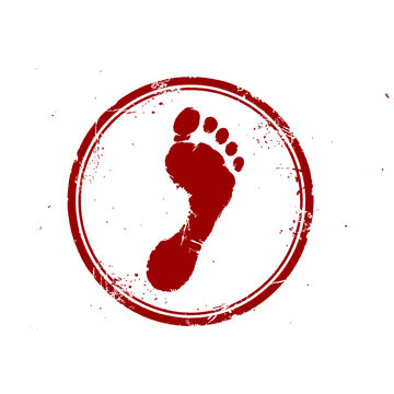 Red grunge rubber stamp impression featuring a human footprint inside a circular border.