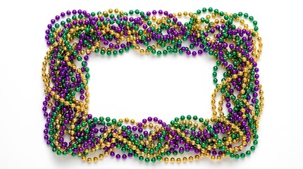 A festive rectangular frame made of colorful purple green and gold mardi gras beads isolated on a clean white background © Jobayer