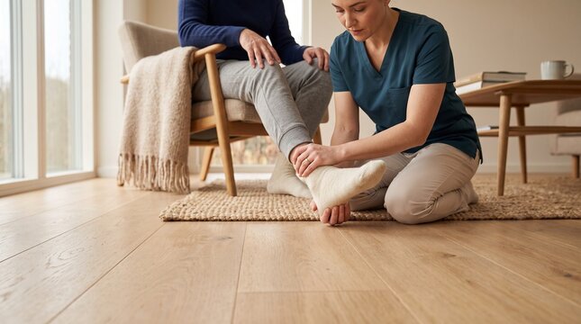 Professional nurse provides physical therapy to a senior man at home
