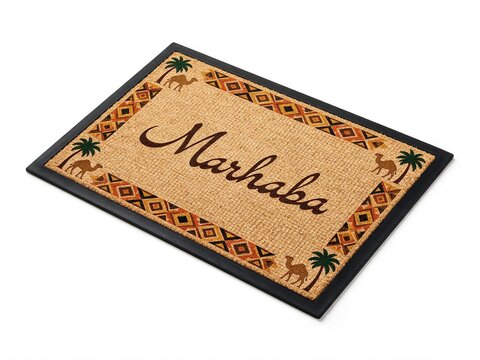 Welcome door mat written on it (Marhaba) in Arabic language, 45 degree angle, on a clean isolated white background.