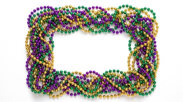 A festive rectangular frame made of colorful purple green and gold mardi gras beads isolated on a clean white background