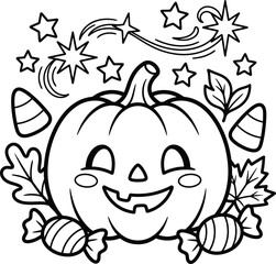 Obraz premium Cute halloween pumpkin coloring page with stars, candy corn, leaves, and sweet treats line graphic.