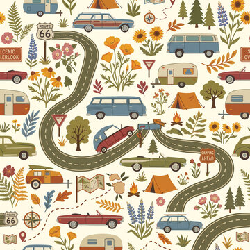 Retro Road Trip Adventure: A whimsical, seamless pattern featuring vintage cars, campers, tents, wildflowers, and road signs.