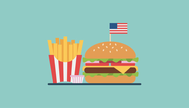 Classic american fast food meal with a juicy cheeseburger, french fries, and a toothpick flag on a teal background.