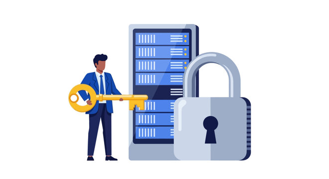 Data Security and Cybersecurity Concept Illustration of a Businessman with a Golden Key Protecting Server Racks and Private Information