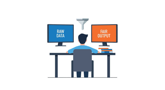 AI Algorithmic Fairness and Data Ethics Illustration: Transforming Raw Data into Fair Output