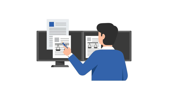 Lawyer Reviewing Digital Legal Documents and Contracts on Dual Monitor Setup, Professional Legal Work Flat Vector Illustration