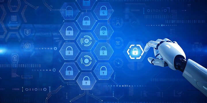 Cybersecurity cybercrime internet scam business, Cyber security platform privacy protection 3D AI robot safety icon, computer virus attack defense