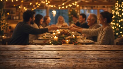 Obraz premium Empty rustic oak wooden table foreground with blurred family enjoying holiday dinner depicting warm festive celebration background