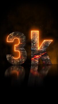 Vertical cinematic 3D 3K milestone title reveal carved from volcanic rock with glowing lava cracks, drifting smoke and embers, celebrating followers and subscribers