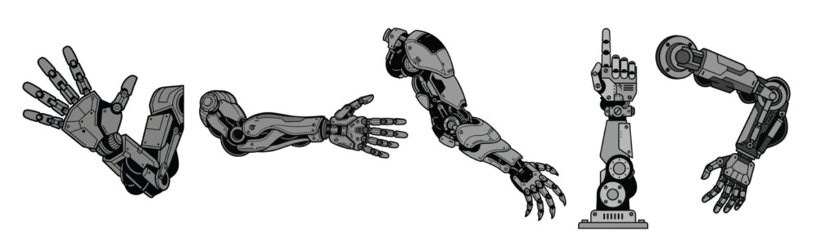 Robotic Arm Black and Gray Vector Illustration Set on PNG Background, robotic arm, robot arm, robotic hand, prosthetic arm, prosthetic hand, robotics, artificial intelligence, AI, cybernetics,