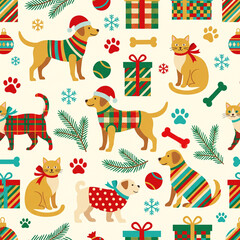 Naklejka premium Festive Canine and Feline Companions: A charming holiday pattern featuring happy dogs and cats adorned in festive sweaters and Santa hats, surrounded by paw prints, snowflakes, gift boxes.