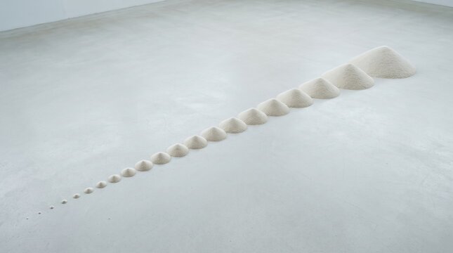 In a contemporary gallery, an innovative arrangement of sand forms piles that gradually decrease in size, inviting viewers to reflect on transformation and time.