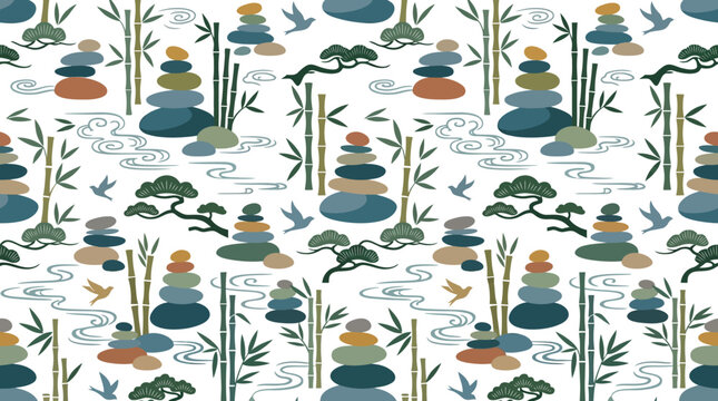 Seamless pattern with zen stones and bamboo.