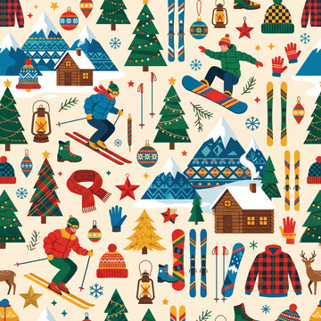 Christmas Skiing and Snowboarding Fun: A vibrant and festive pattern showcasing skiers and snowboarders enjoying winter sports amidst snow-capped mountains, pine trees, cozy cabins.