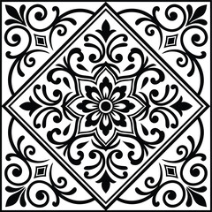 Fototapeta premium Black and white ornamental vintage floral tile design featuring stylish arabesque frame structure.