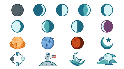 Moon phases and lunar exploration flat icon set. © Kohler