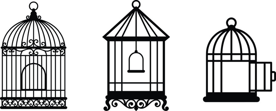 Decorative Vintage Birdcage Silhouette Icon Set with Ornate Wire Enclosures and Open Door Elements for Freedom and Captivity Vector Graphic Designs