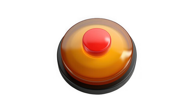 Round red emergency push button with orange glass cover with stop button on transparent background