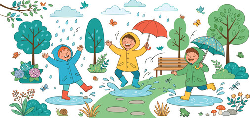 Flat vector illustration of happy young children wearing raincoats and jumping in puddles under rain.