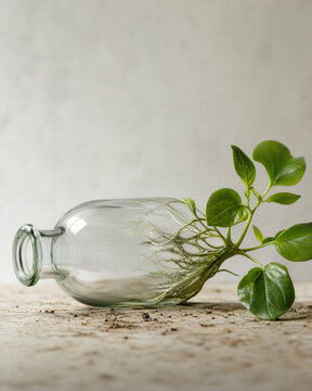 A small green plant with visible roots growing inside a clear glass bottle on a textured surface