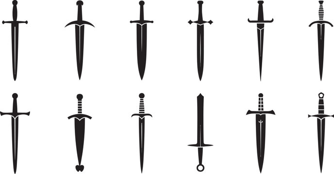 Dagger vector black silhouette icon set isolated on transparent background, featuring fantasy dagger and knife symbols for games, mobile apps, adventure themes, RPG interfaces, UI design, branding, 