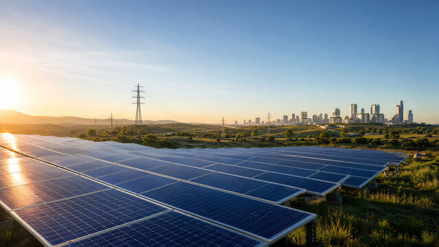 Modern solar power plant panels generating clean renewable electricity with a city skyline in the background at sunset