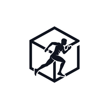 Minimalist runner silhouette breaking out of a geometric cube logo