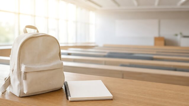 White backpack and spiral notebook on wooden desk in modern empty university lecture hall, representing academic preparation