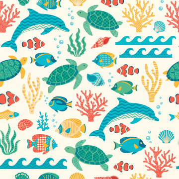 Underwater Wonderland: A vibrant, playful pattern featuring a colorful cast of marine life including dolphins, sea turtles, and tropical fish.