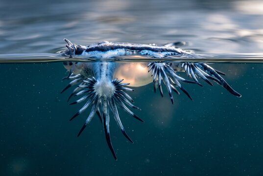 Lateral profile of a neustonic sea slug floating upside down