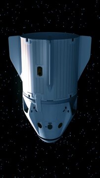 3D animation of a private crew spacecraft approaching and preparing to dock with an orbiting space station above Earth. Realistic orbital flight with detailed spacecraft and planet views.