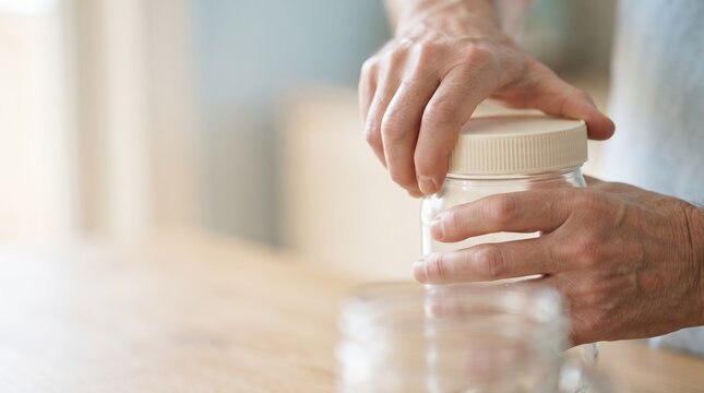 In a cozy kitchen filled with soft light, hands gently screw the lid onto a glass jar, preserving delicious contents for future use. The atmosphere is calm and inviting.