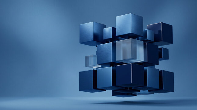 Abstract 3D rendering of a cluster of metallic blue cubes floating in space with a soft blue background