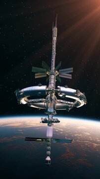 3D animation of a futuristic rotating space station orbiting Earth at sunrise. Advanced orbital habitat with realistic lighting, solar arrays, and breathtaking views of the planet.