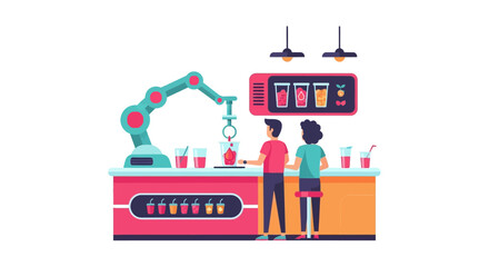 Fototapeta premium Automated Robotic Juice Bar with Customers, Futuristic Smart Cafe Illustration of AI Beverage Service Technology