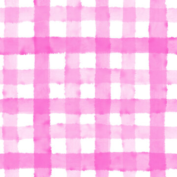 Watercolor Pink and White Gingham Checkered Seamless Background