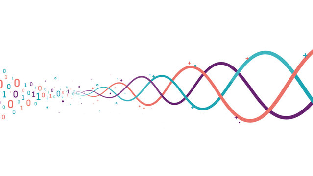 Binary digits flowing into colorful sine waves &ndash; Perfect for communication technology, data streams, or digital transformation visual.