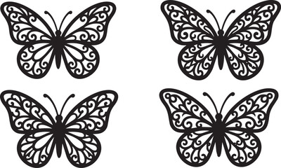 Fototapeta premium Decorative Butterfly Silhouette Vector Set, Elegant Ornamental Butterfly Collection, Black Floral Wing Design Isolated on White Background