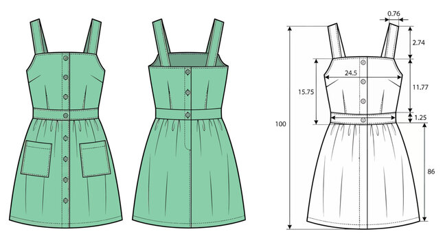 Pinafore dress technical sketch. Fashion flat drawing with measurements for apparel design.