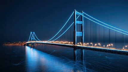 Fototapeta premium Futuristic suspension bridge glowing in electric blue at night with city skyline in background