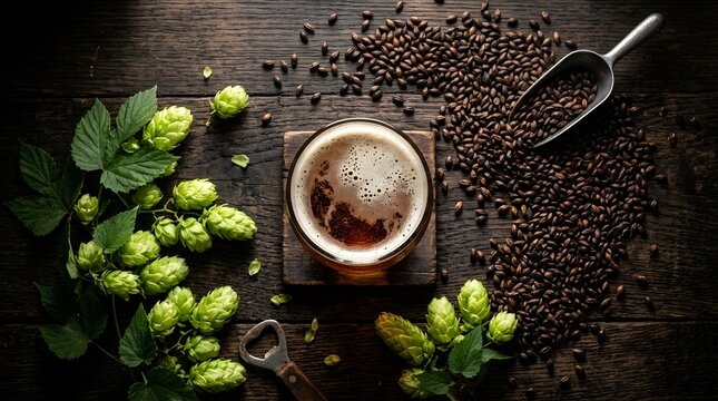 Fresh green hops and grains with wooden spoon for craft beer brewing process perfect for national beer lovers day